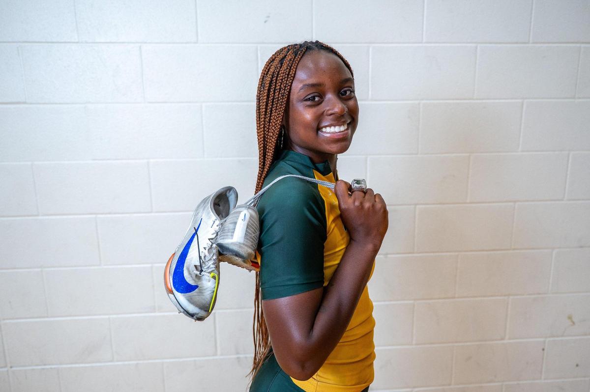 Female athlete of the year Maya Love poses for a portrait at Independence High School in Charlotte, NC Wednesday, June 11, 2025. Love, a recent graduate of Independence High School, has been recognized as a top athlete in track and is set to continue her track career at the University of South Carolina.