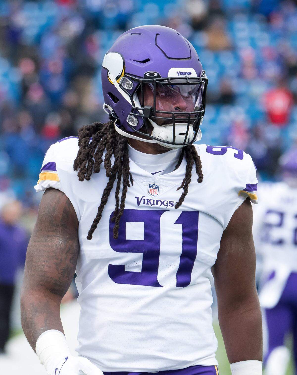 Nov 13, 2022; Orchard Park, New York, USA; Minnesota Vikings linebacker Patrick Jones II (91) warms up before a game against the Buffalo Bills at Highmark Stadium. Mandatory Credit: Mark Konezny-USA TODAY Sports