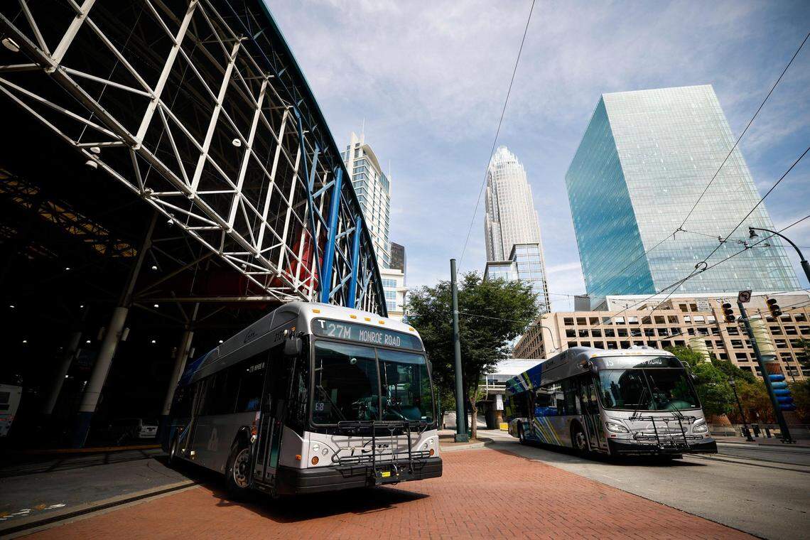 A CATS bus drives out of the Charlotte Transportation Center in uptown.