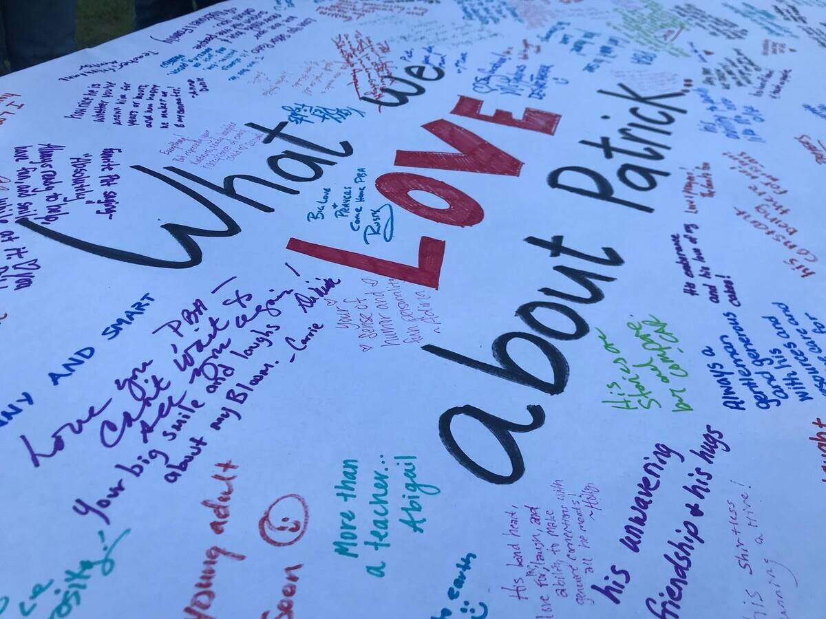A handwritten group tribute to Patrick Braxton-Andrew.