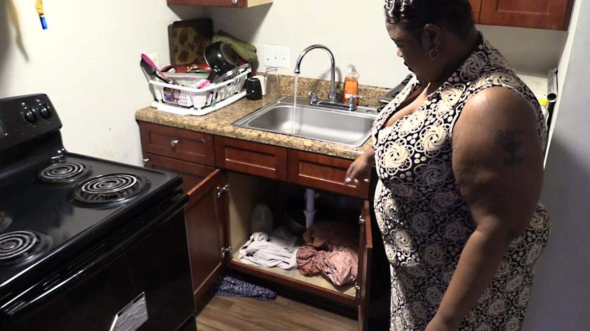 Latoya Wilson shows a broken sink flooding her kithchen at Lake Arbor apartments. Research shows families living in substandard housing experience higher rates of health problems — including chronic illnesses, infectious diseases and poor mental health — compared to families in standard housing. But when tenants at Lake Arbor asked for help to determine if their health had been impacted, the city of Charlotte and Mecklenburg County refused to investigate.
