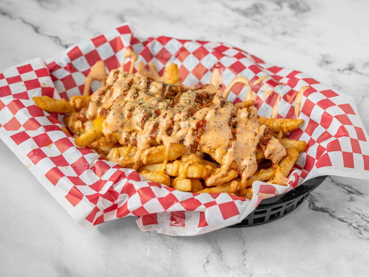 The chili cheese fries at Romeos Vegan Burgers.
