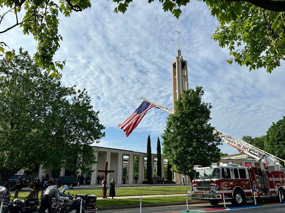 A memorial service for Charlotte-Mecklenburg Police Officer Eyer begins at 10 a.m. Friday and is taking place at First Baptist Church, 301 S. Davidson St.