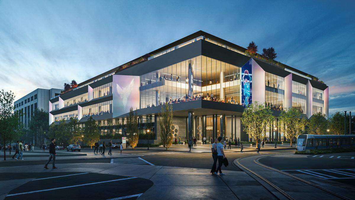A rendering of the exterior of the Hornets’ practice facility, which will stand at East 5th and North Caldwell streets.
