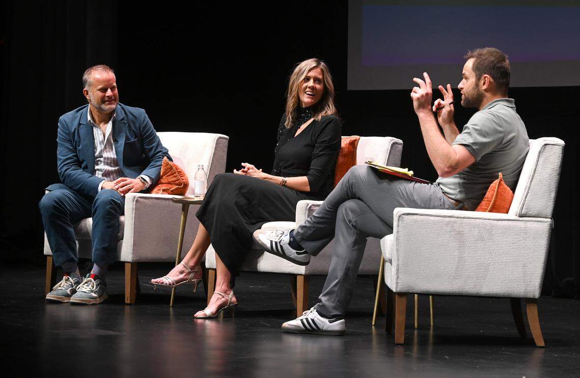 Jeff Tonidandel, left, and Jamie Brown chat with former tennis superstar Andy Roddick (a friend of the couple’s and a Charlotte resident) during a post-screening discussion on Tuesday night.