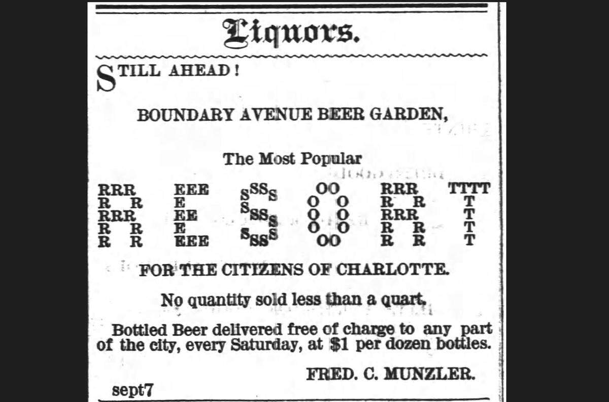 Boundary Avenue Beer Garden advertised in The Charlotte Observer on Oct. 1, 1878.