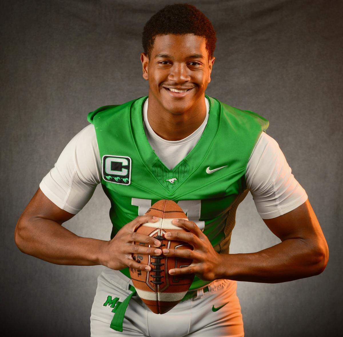 Myers Park Mustangs defensive lineman Rodney Dunham on Tuesday, December 9, 2025.