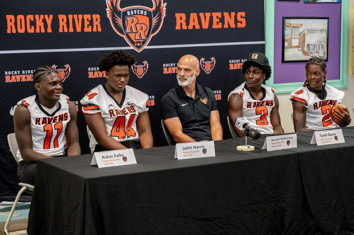 Rocky River football player Aidan Falks talks about his team and the upcoming season during the Southwestern 7A/8A high school football conference’s media day at Rocky River High School in Charlotte, NC, Tuesday July 29, 2025. 