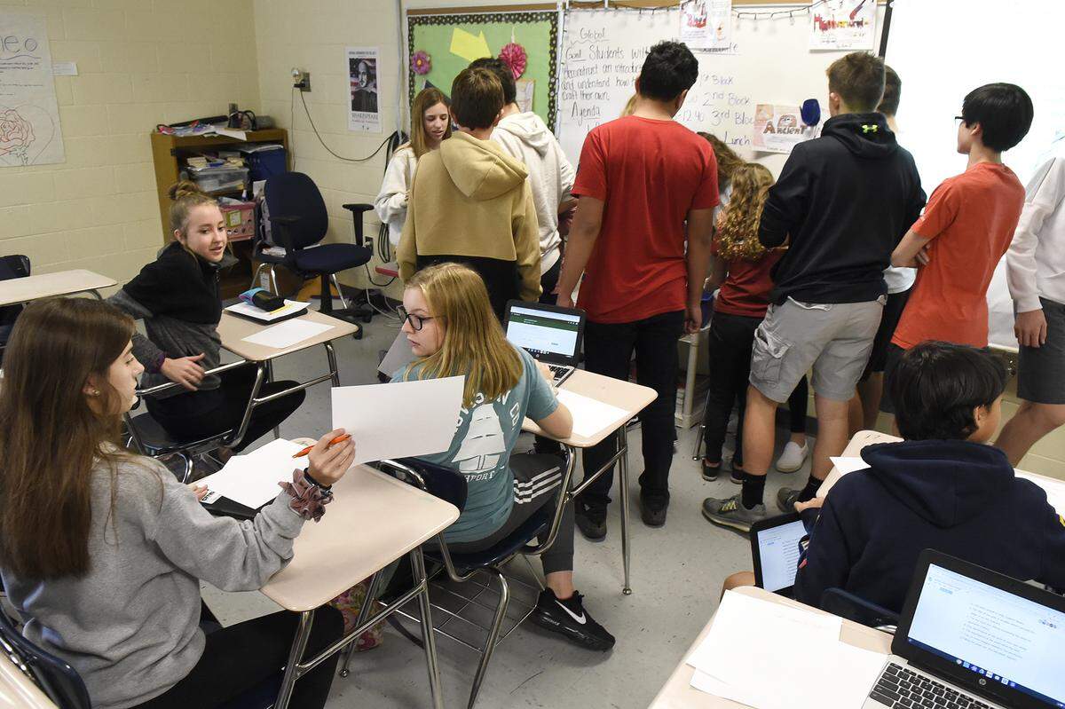 Hopewell High expects to graduate its first eight seniors with Cambridge diplomas in June. These younger students taking English One represent a much larger group stepping in as the international program matures in CMS.