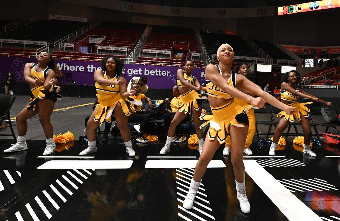 The Johnson C. Smith University Luv-A-Bulls Cheer team perform during a break in the action between the JCSU and Livingstone College women’s basketball teams at Bojangles Coliseum in Charlotte, NC on Thursday, March 20, 2025. JCSU faced Livingstone College during first day action of the Black College Invitational Championship (BCIC).