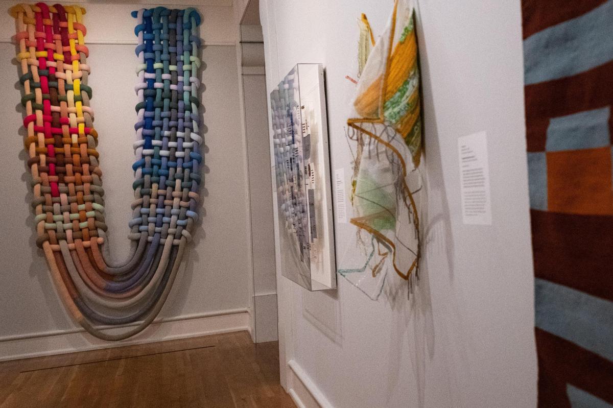Textile works from various artists hang alongside the work of Diedrick Brackens at Mint Museum Randolph.