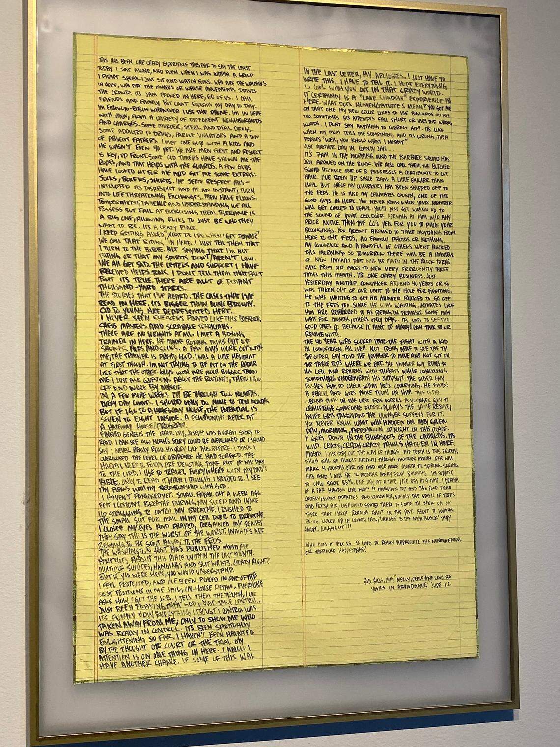 Artist Sherrill Roland created this large replica of a letter he wrote from jail out of paper he made by stirring ramen seasoning packets into paper pulp.
