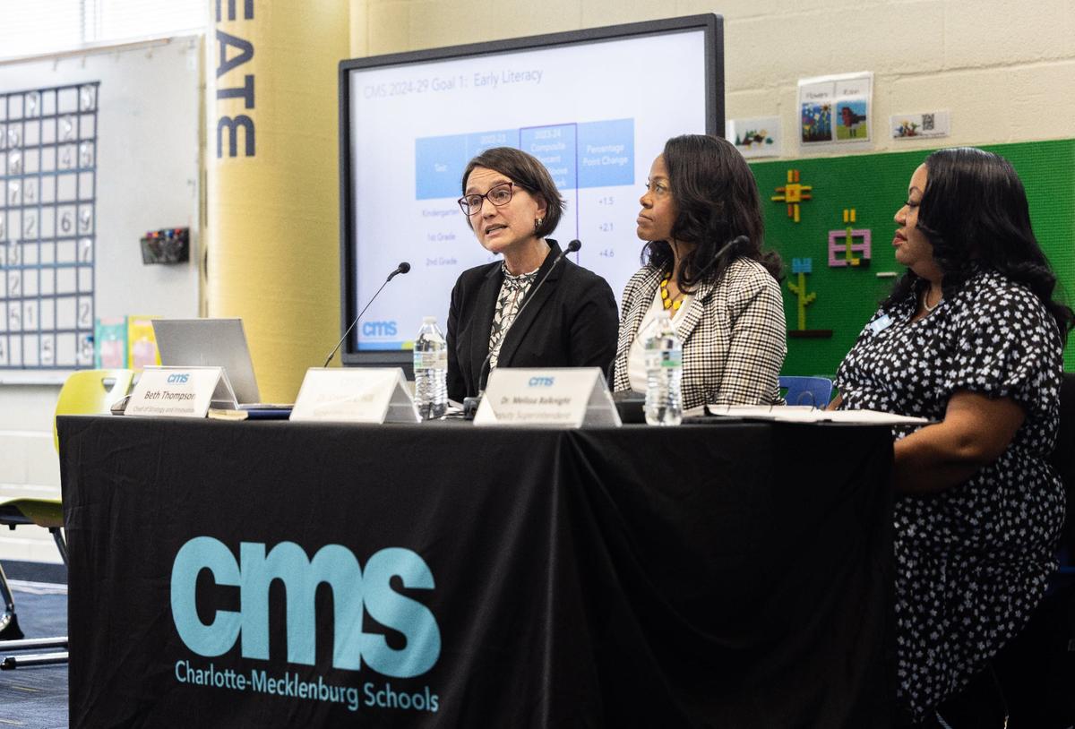 From left, Beth Thompson, chief strategy and innovation officer; Crystal Hill, superintendent; and Melissa Balknight, deputy superintendent, speak during a news conference last week about the North Carolina Department of Public Instruction’s 2023-24 schools report card. That data show CMS falling short of expectations it set for itself in its strategic plan.