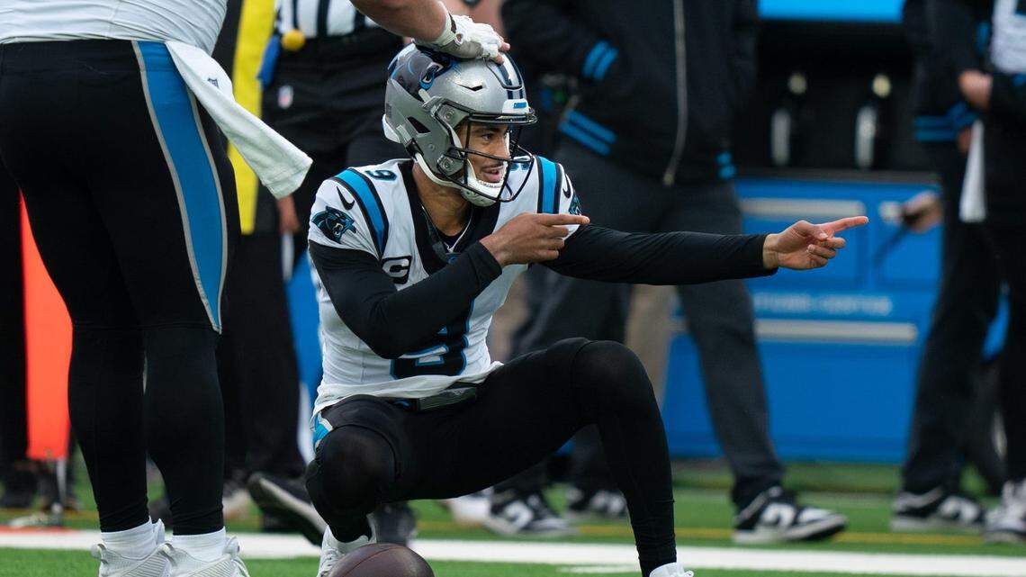 Carolina Panthers quarterback Bryce Young (9) celebrates a first down run against the Tennessee Titans during their game at Nissan Stadium in Nashville, Tenn., Sunday, Nov. 26, 2023.