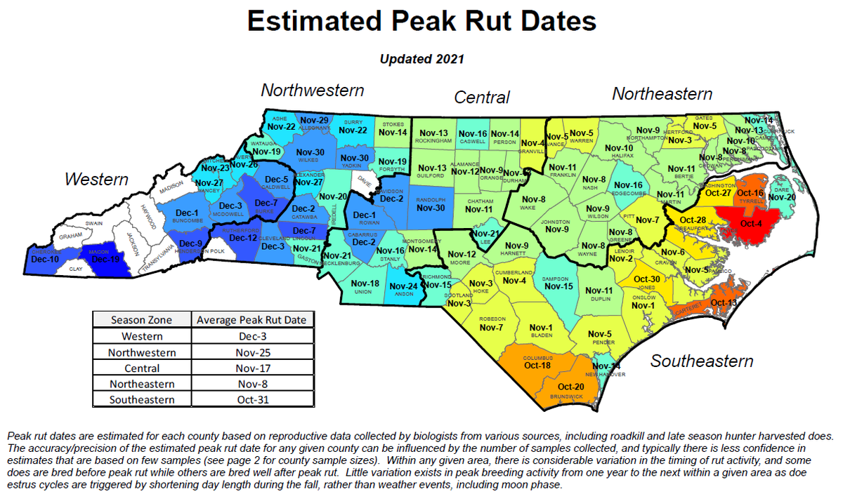 Estimated peak rut dates for deer in North Carolina.