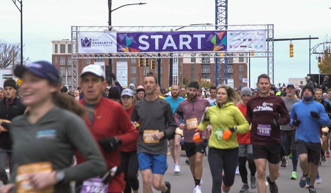 Runners head out for the start of the 2019 Novant Health Charlotte Marathon.