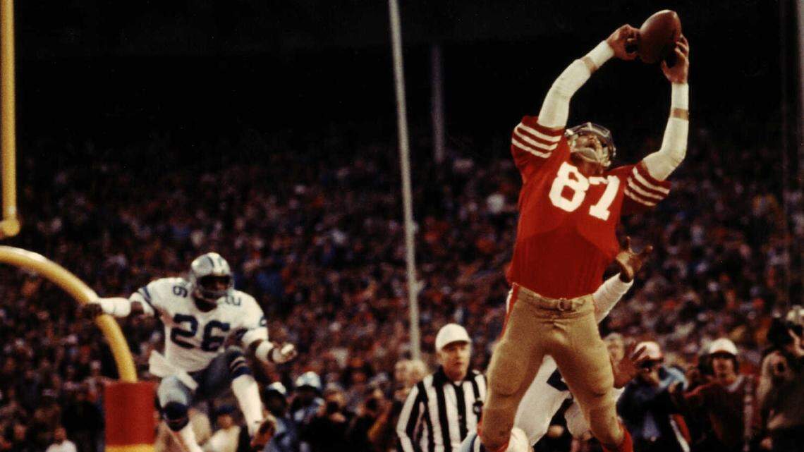 San Francisco 49ers receiver Dwight Clark hauls in a 6-yard touchdown pass from Joe Montana with 51 seconds left in the 1982 NFC Championship Game against the Dallas Cowboys. Immortalized in sports lore as 'The Catch,' Clark's reception capped an 87-yard drive that propelled the 49ers into the Super Bowl. Clark, 61, died Monday from complications of ALS.