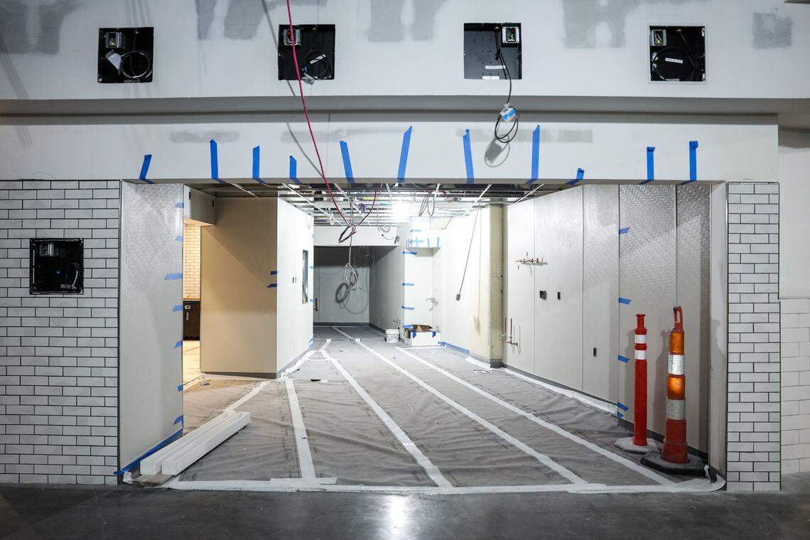 A space for “grab and go” food is still being constructed during a Spectrum Center hardhat tour for construction updates in Charlotte. 