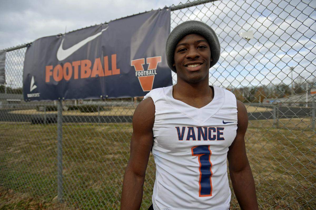 Vance High linebacker Power Echols in 2018. Vance was renamed as Julius L. Chambers High School in 2021.