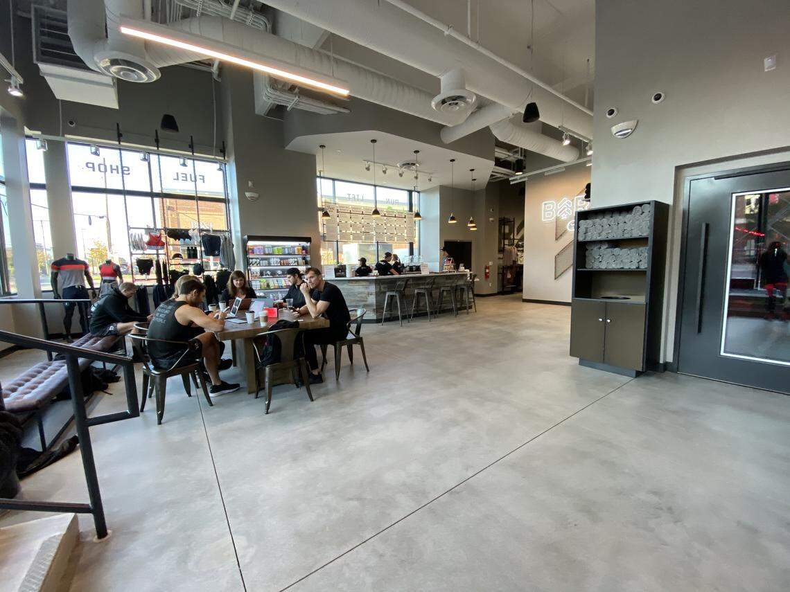 The lobby at Barry’s is large, open and with plenty of room. That’s helpful, as each class holds up to 50 people, so they all come pouring out of the fitness room (at right in photo) at once.