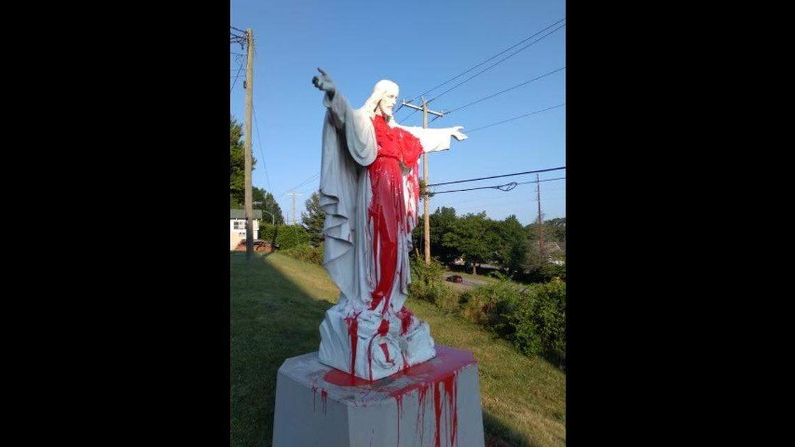 A Jesus statue was covered in paint in North Carolina, officials said.
