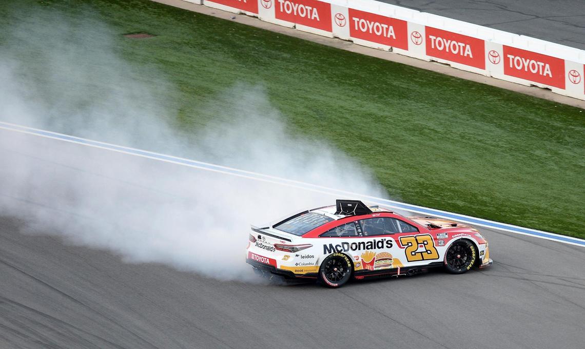 NASCAR driver Bubba Wallace slides across the infield during the Coca-Cola 600 at Charlotte Motor Speedway in Concord, NC on Sunday, May 29, 2022.