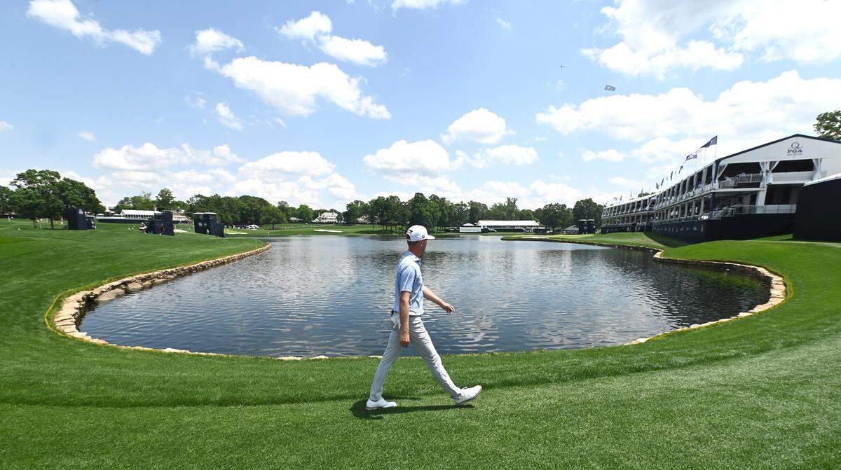 Ryan Gerard looks toward the 17th green during opening round action of the 107th PGA Championship at Quail Hollow Club in Charlotte, NC on Thursday, May 15, 2025.