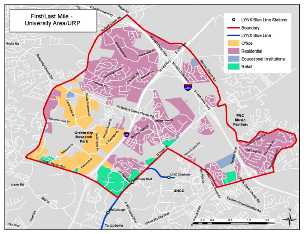 The boundary for eligible trips to or from the JW Clay/UNC Charlotte station.