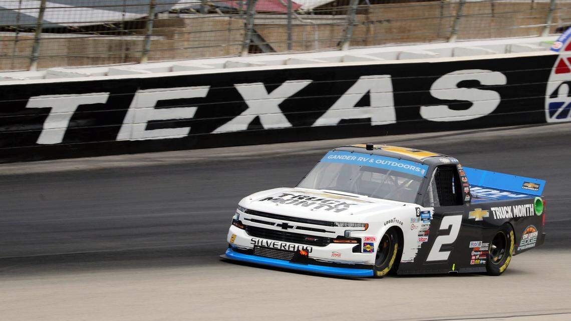 NASCAR Texas Trucks Series driver Sheldon Creed (2) comes out of Turn 4 onto the front stretch during an auto race at Texas Motor Speedway in Fort Worth, Texas, Sunday, Oct. 25, 2020. (AP Photo/Richard W. Rodriguez)