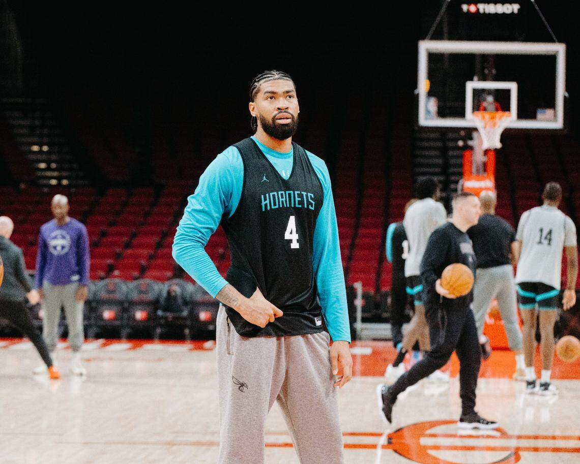 Charlotte Hornets center Nick Richards goes through shootaround before their 2024-25 season vs. Houston.