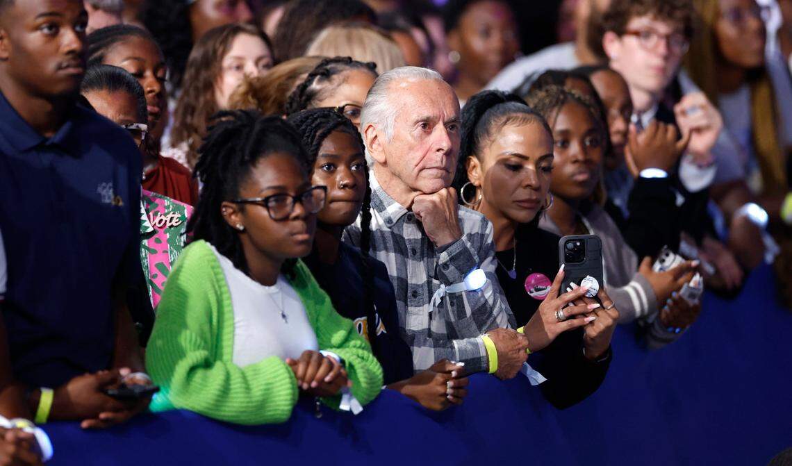Attendees listen to Vice President and democratic nominee for president Kamala Harris during a rally at the Greensboro Coliseum in Greensboro, N.C., Thursday, Sept. 12, 2024.