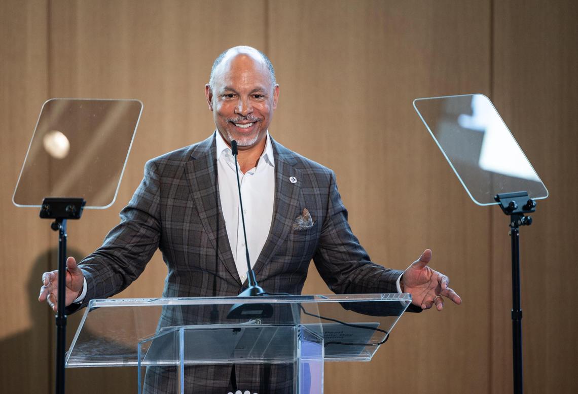 Gene Woods, Chief Executive Officer of Advocate Health, ceremonially pushed the doors open to The Pearl after his speech at its opening..