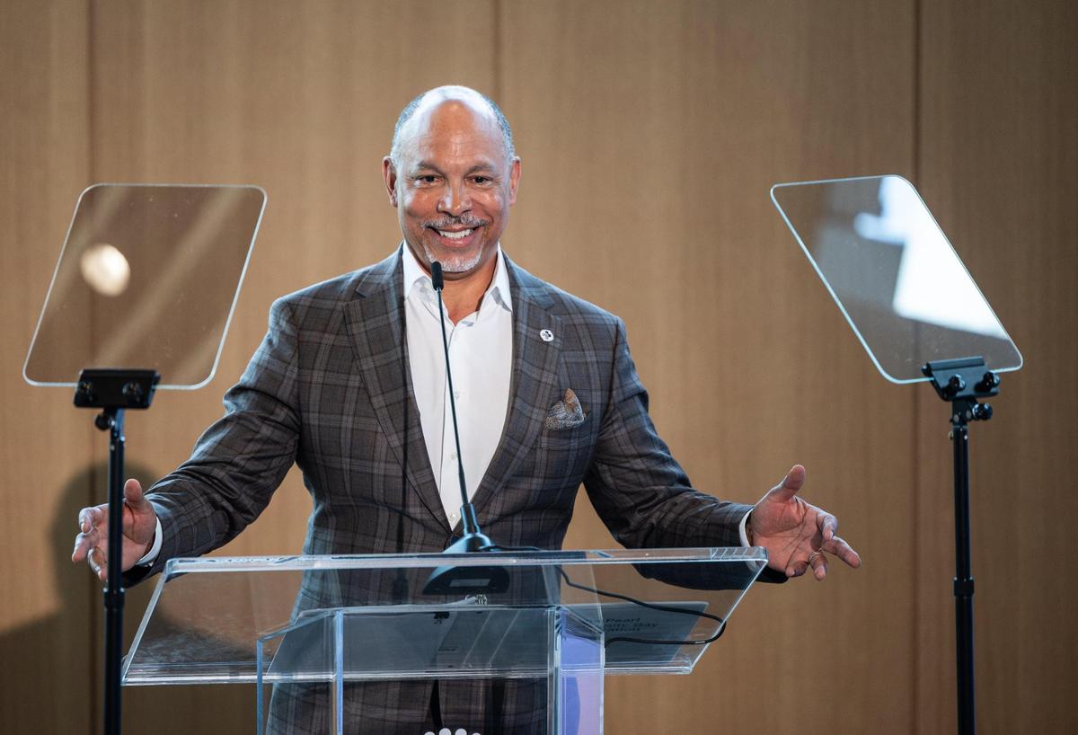 Gene Woods, Chief Executive Officer of Advocate Health, ceremonially pushed the doors open to The Pearl after his speech at its opening..