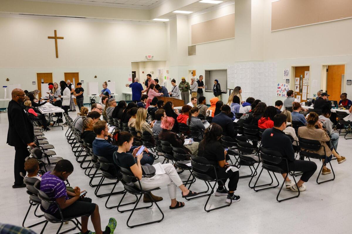 Voters wait inside precinct 11 at Greater Mount Moriah Baptist Church on election day in Charlotte, NC on Tuesday, November 5, 2024.