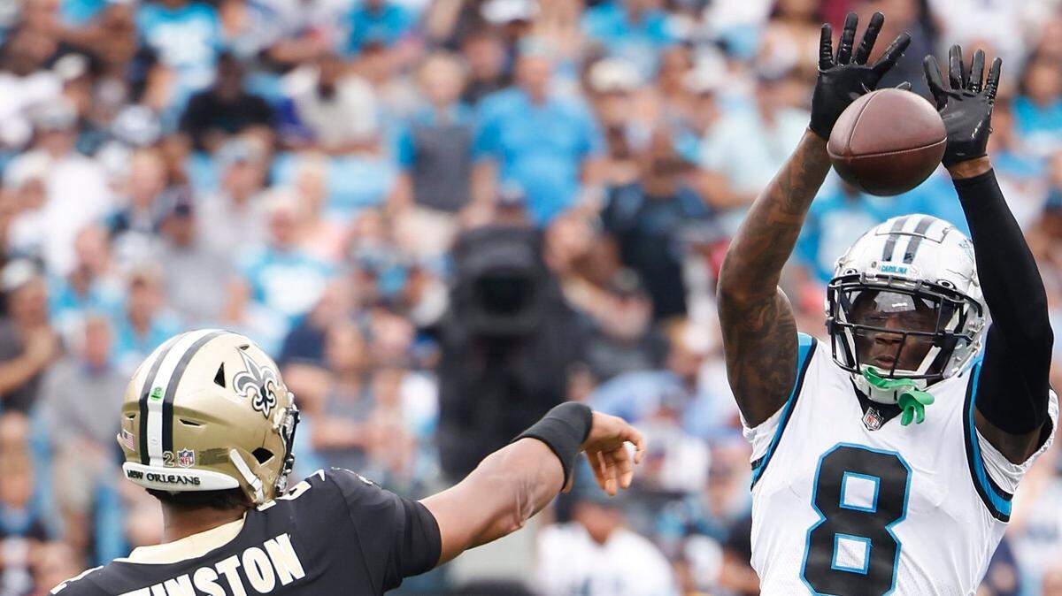 Carolina Panthers cornerback Jaycee Horn (8) blocks a pass by New Orleans Saints quarterback Jameis Winston (2) during a game at Bank of America Stadium in Charlotte, N.C., Sunday, Sept. 25, 2022.