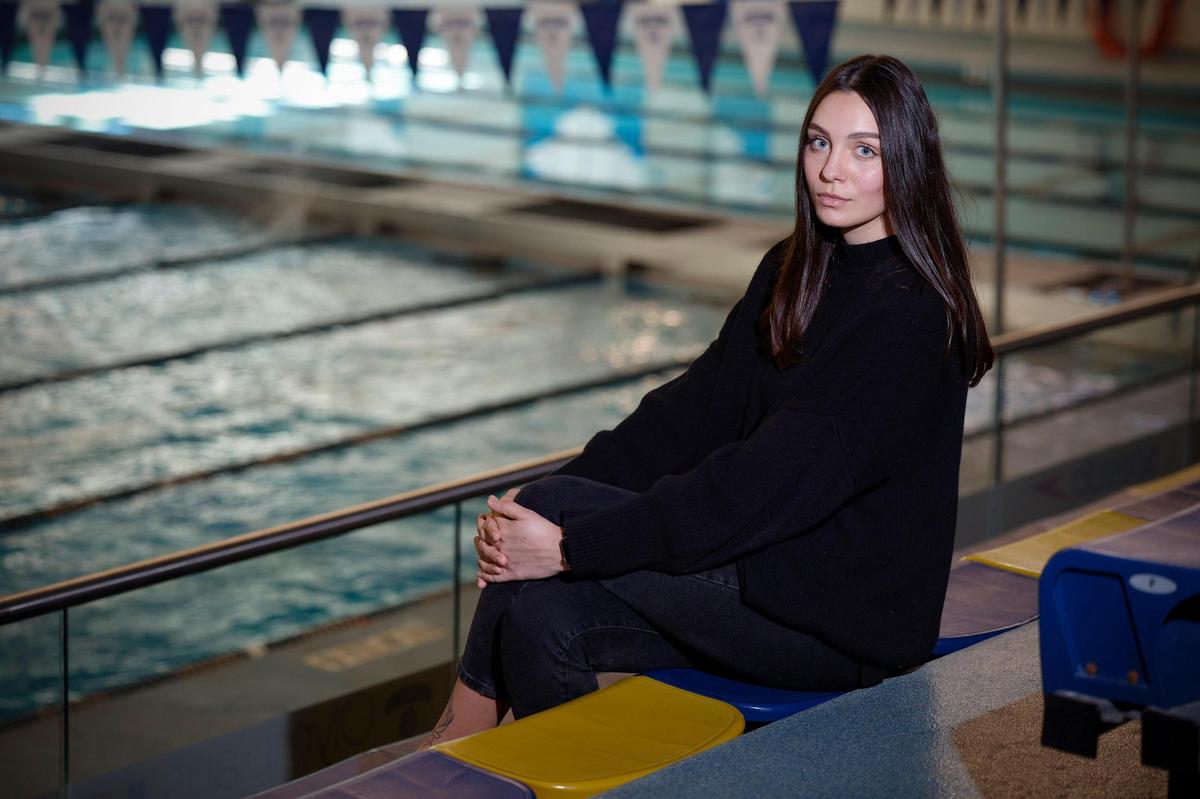 Queens University of Charlotte swimmer Vlada Maznytska, of Rivne, Ukraine in the Levine Center for Wellness and Recreation at Queens University in Charlotte. Maznytska has been training for the upcoming Division II nationals and feels it’s her duty to compete to the best of her ability. “I would say that swimming is my fight,” she says.