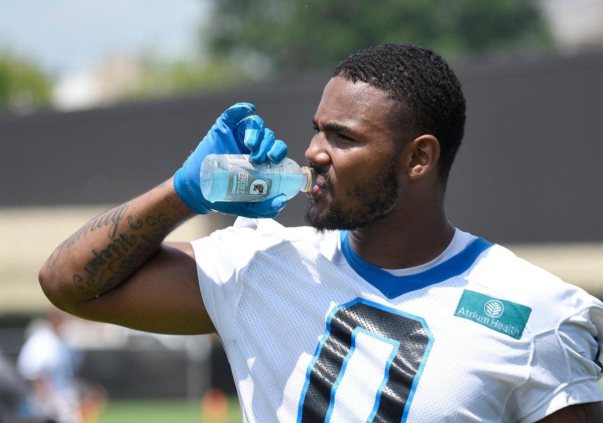 Ja’Tavion Sanders, #0, a second year Panthers tight end, pauses after practice. The Carolina Panthers, in their second week of organized team activities, ran through drills on Tuesday, June 3, 2025 at their practice facility in uptown Charlotte.