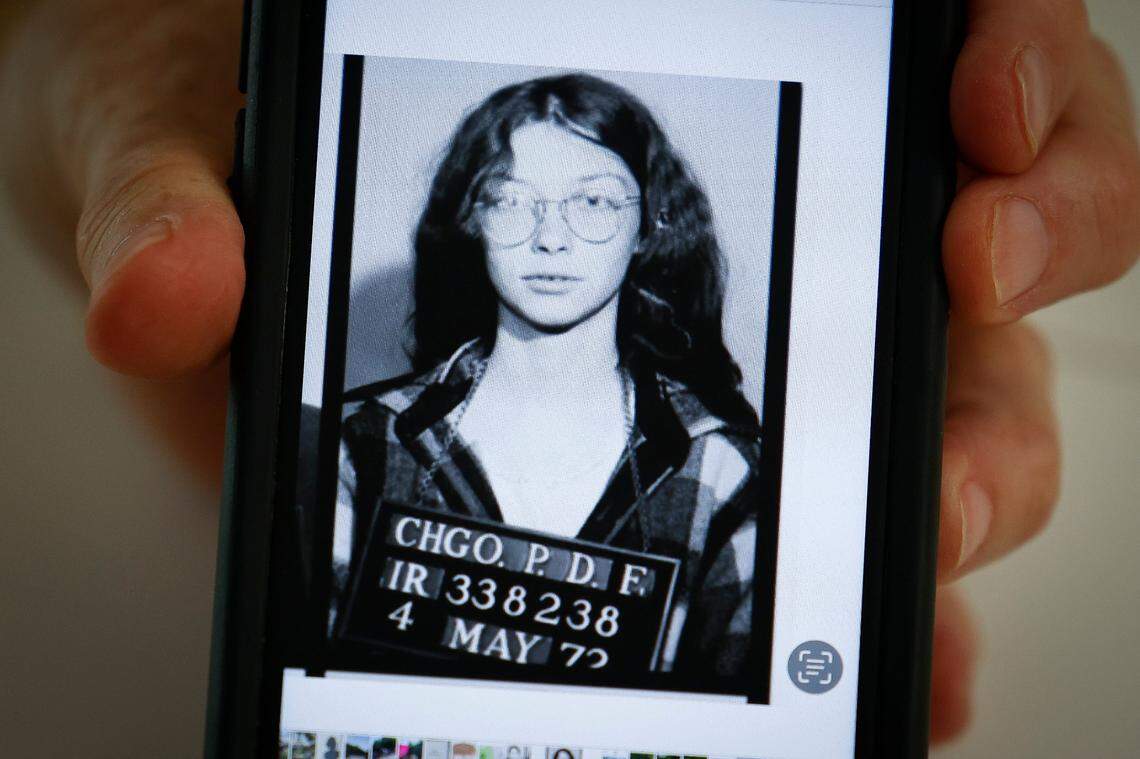 Diane Stevens, of Waxhaw, NC, shows her Chicago Police mugshot following her 1972 arrest for working with the Jane Collective, which performed illegal abortions.