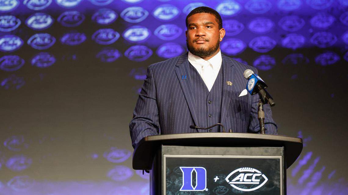 Duke offensive lineman Jacob Monk talks to the media at the 2023 ACC Kickoff in Charlotte, N.C., Wednesday, July 26, 2023. (Photo by Nell Redmond/ACC)