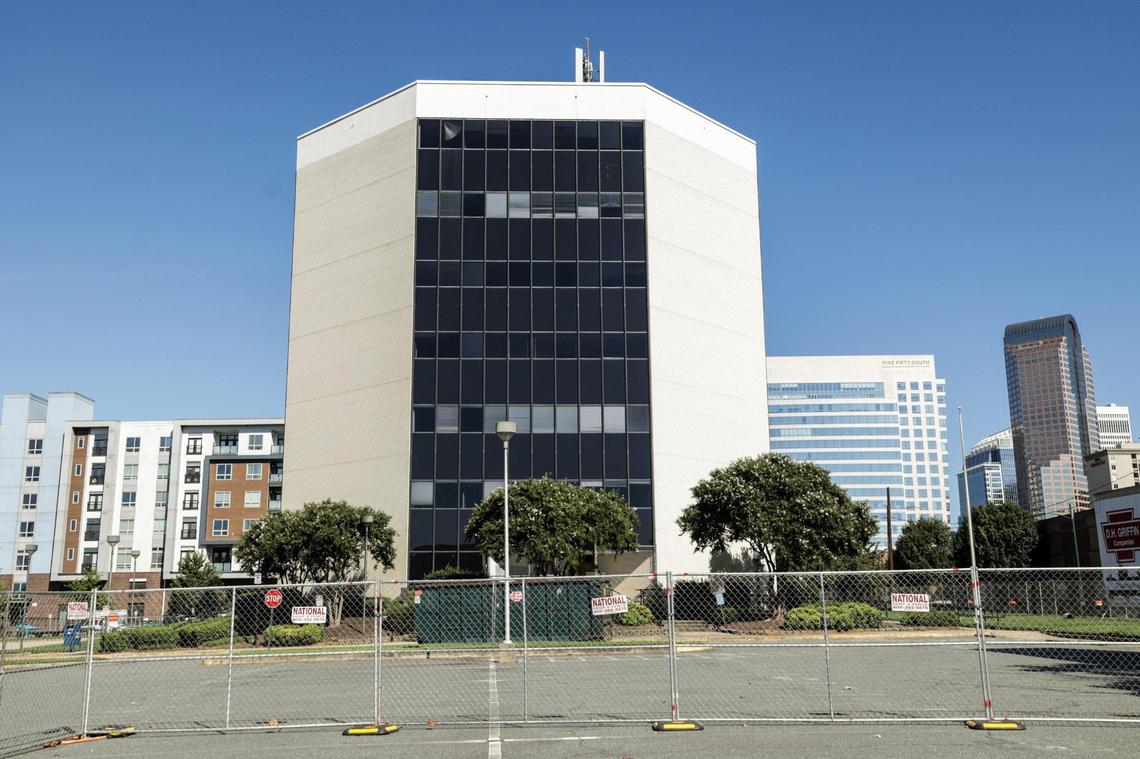 Trucks and construction equipment outside of Walton Plaza. Formerly known as East Independence Plaza, it was built in the 1970s by a group of Black businessmen, including Julius Chambers. It’s being torn down as part of a mixed-use development called Brooklyn Village.