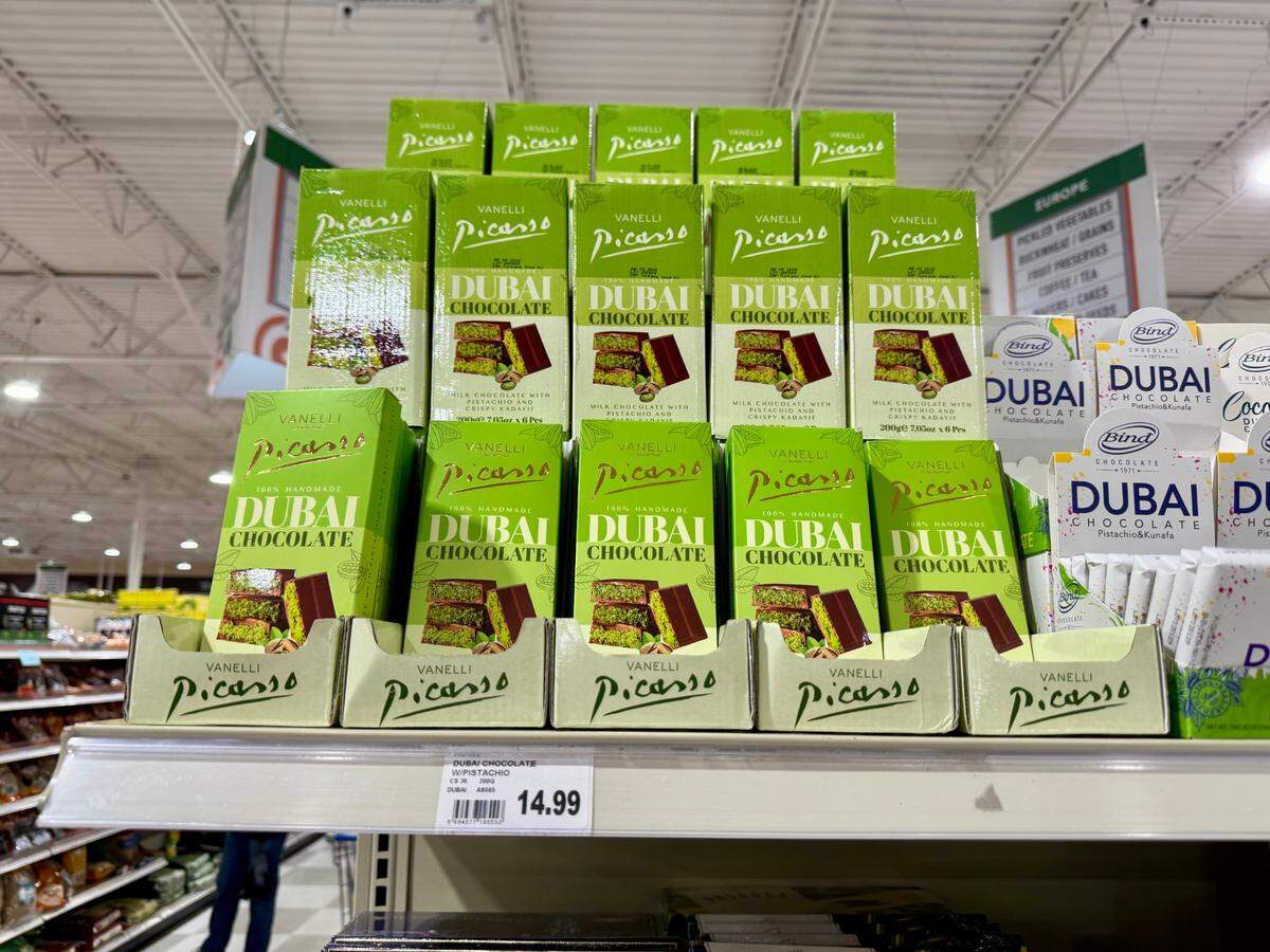 Dubai chocolate bars on display at Super G Mart, which has locations in Pineville and Charlotte.