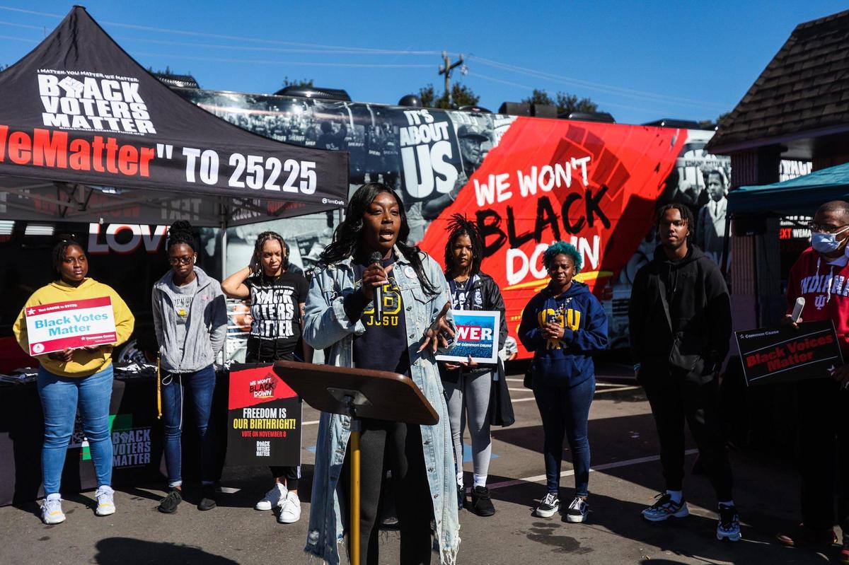 Jessica McDonald, a sophomore at Johnson C. Smith University, speaks at a kick-off event for early voting on Thursday, October, 20, 2022.