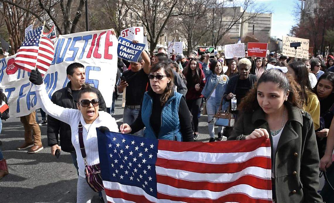 Immigrants and supporters march from Marshall Park in Charlotte, NC on Monday, February 18, 2019. Local groups came together to protest the recent arrests conducted by ICE in the Charlotte area.