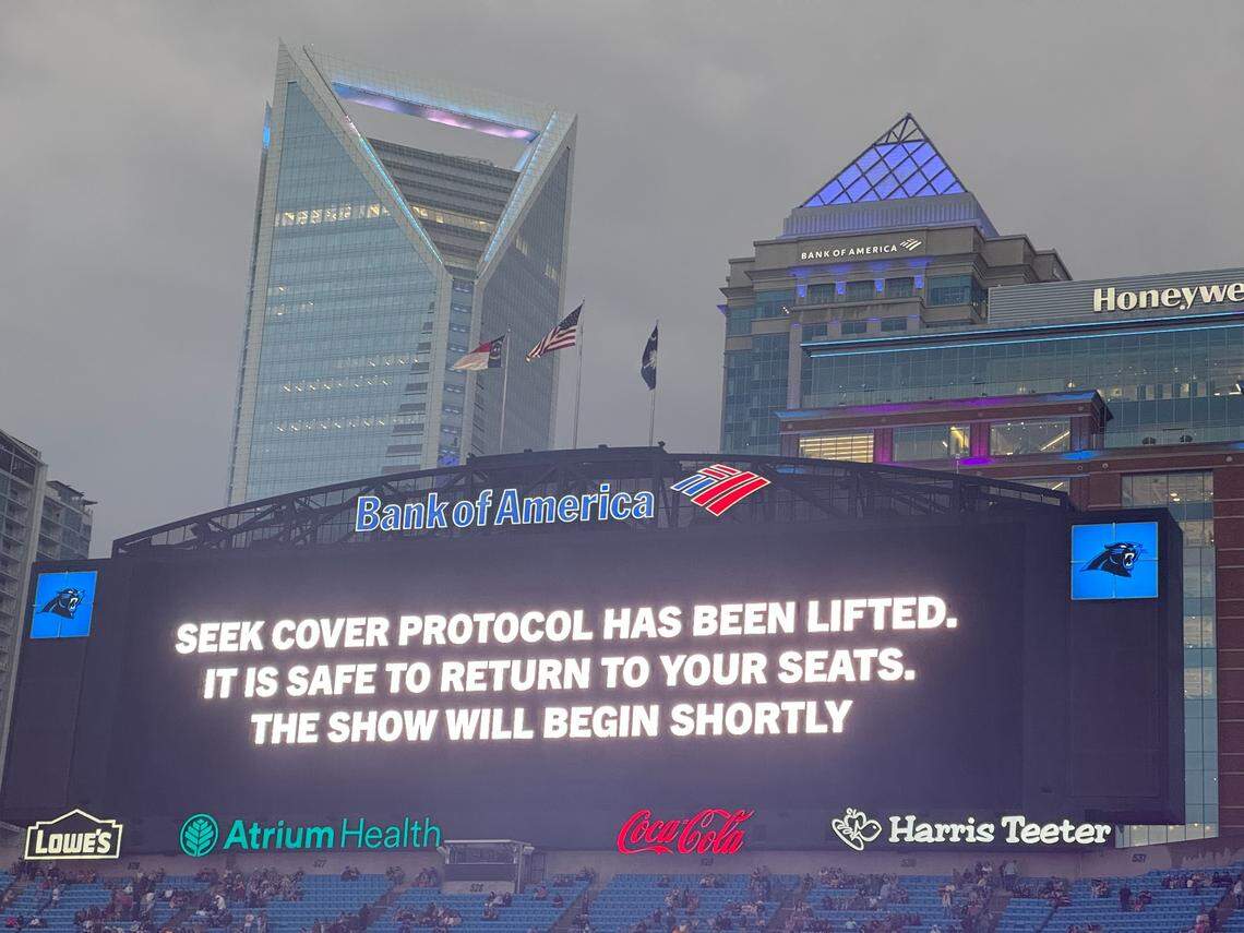 Bank of America Stadium was evacuated ahead of Concert for Carolina due to inclement weather on Saturday, Oct. 26. At 6:22 p.m., fans were let back in to their seats.