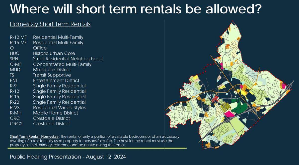 A visual of where homestay short-term rentals can go in the town of Matthews.