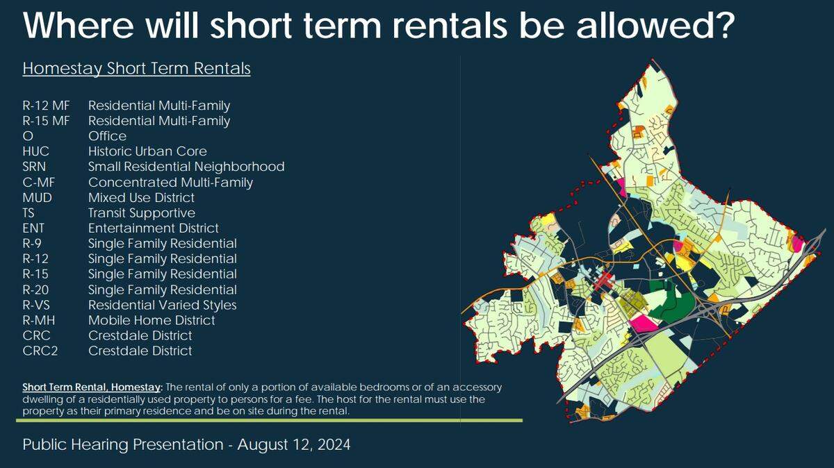A visual of where homestay short-term rentals can go in the town of Matthews.