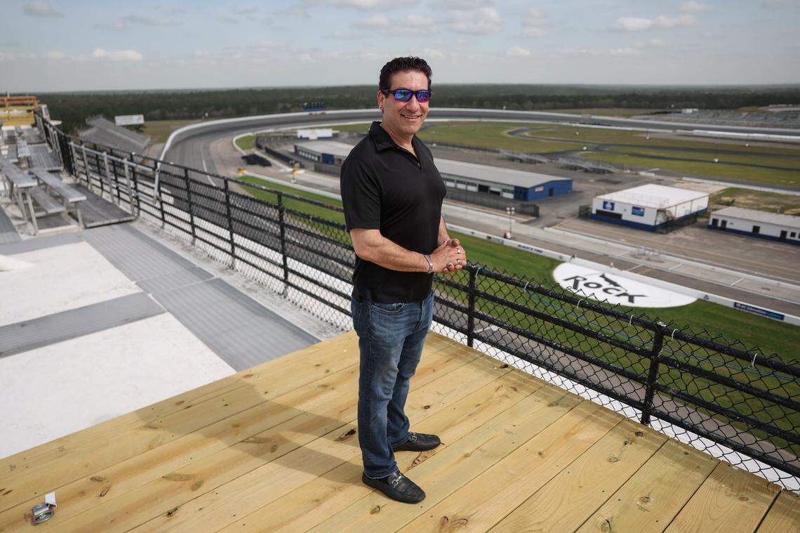 Dan Lovenheim stands on the roof of Rockingham Speedway on Monday, March 31, 2025. Since 2018 Lovenheim has owned the 250-acre raceway space that will welcome back racing the weekend of April 19.