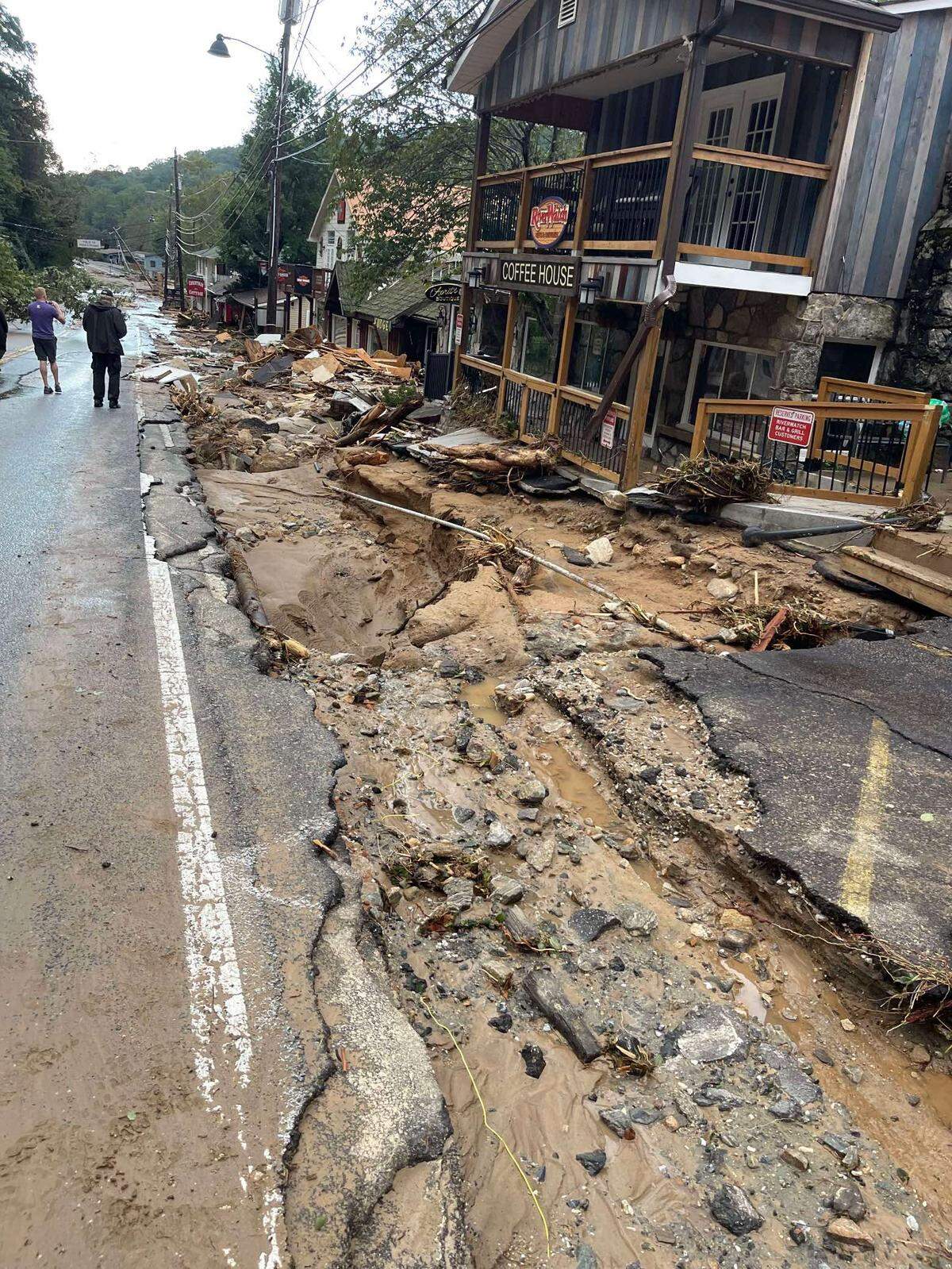 Damage shown to downtown Chimney Rock after Hurricane Helene.