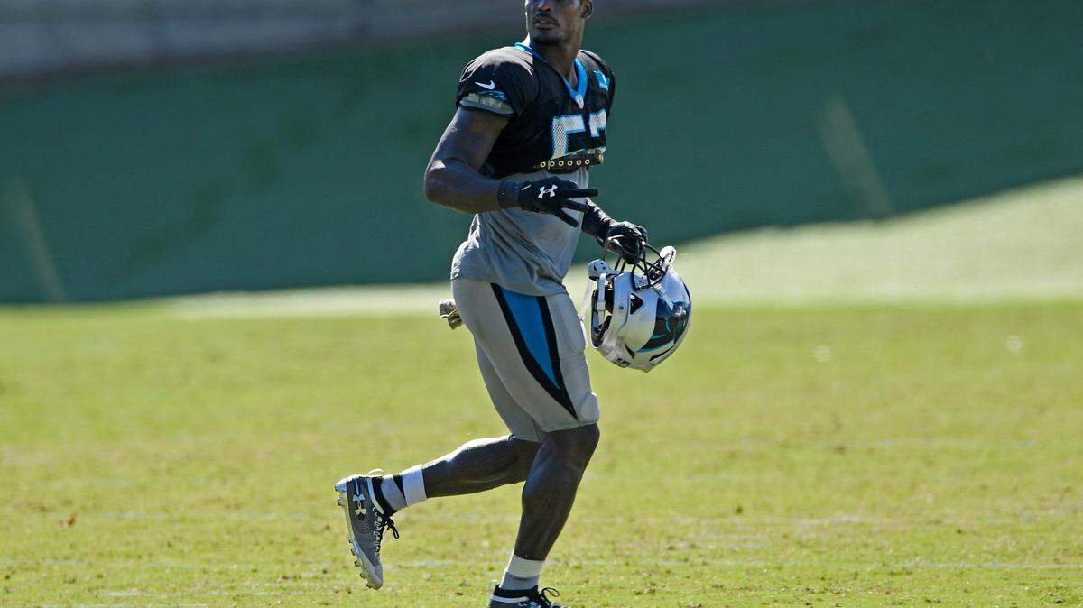 Carolina Panthers linebacker Tahir Whitehead (52) looks back toward the huddle during training camp on Tuesday, August 18, 2020.