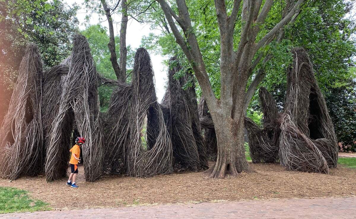  A family trip to Davidson College for a picnic and bike ride included a peek at a stickwork installation in progress by Patrick Dougherty.